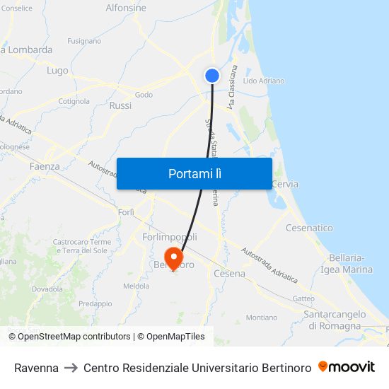 Ravenna to Centro Residenziale Universitario Bertinoro map