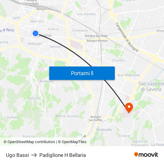 Ugo Bassi to Padiglione H Bellaria map