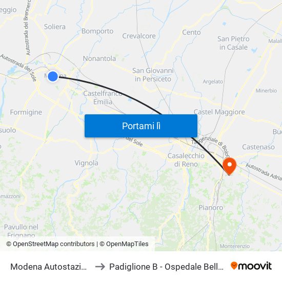 Modena Autostazione to Padiglione B - Ospedale Bellaria map