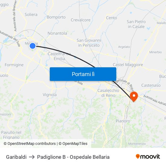 Garibaldi to Padiglione B - Ospedale Bellaria map