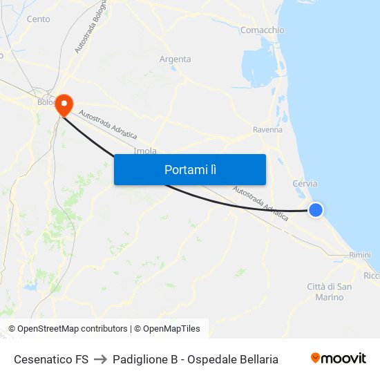 Cesenatico FS to Padiglione B - Ospedale Bellaria map