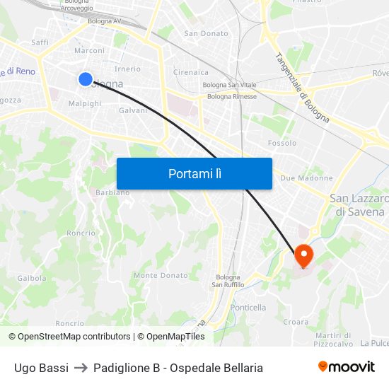 Ugo Bassi to Padiglione B - Ospedale Bellaria map