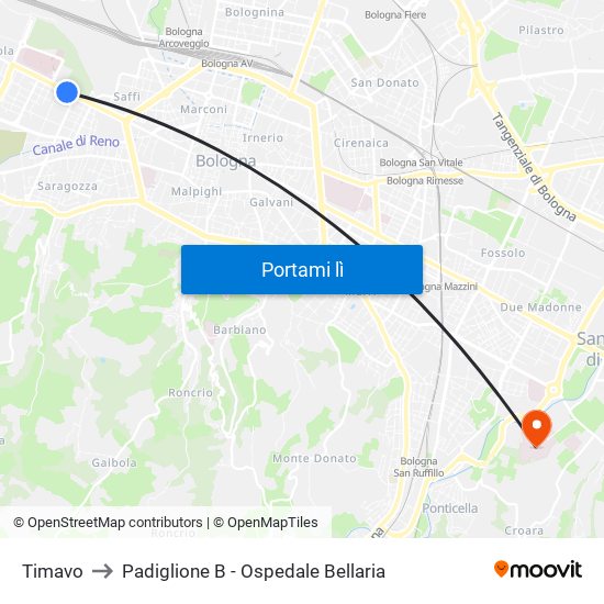 Timavo to Padiglione B - Ospedale Bellaria map