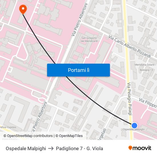 Ospedale Malpighi to Padiglione 7 - G. Viola map