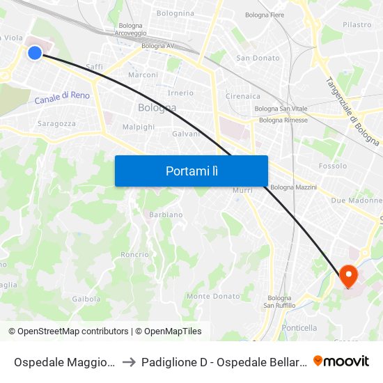 Ospedale Maggiore to Padiglione D - Ospedale Bellaria map