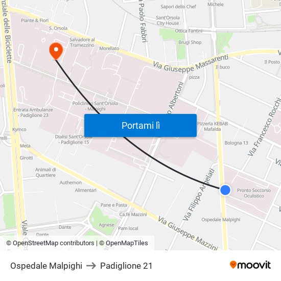 Ospedale Malpighi to Padiglione 21 map