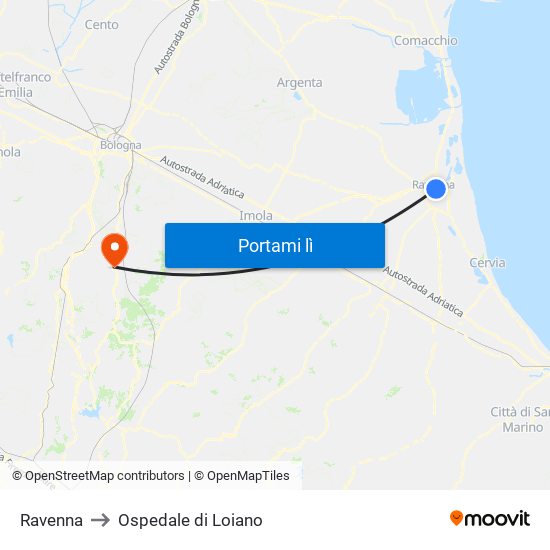 Ravenna to Ospedale di Loiano map