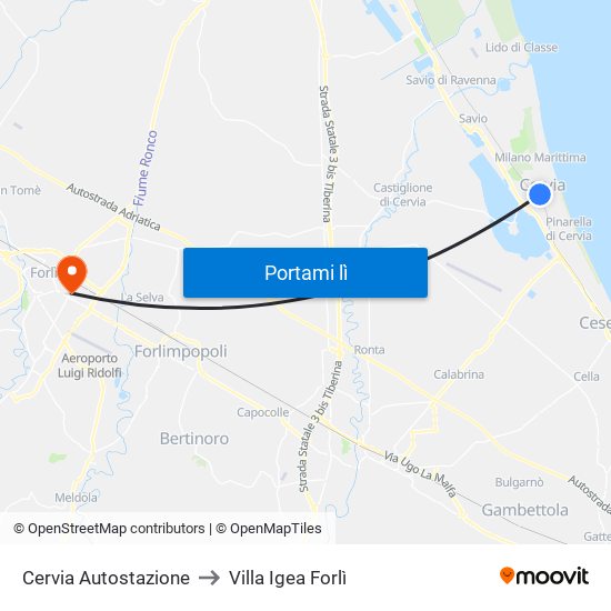 Cervia Autostazione to Villa Igea Forlì map