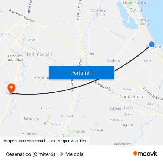 Cesenatico (Cimitero) to Meldola map