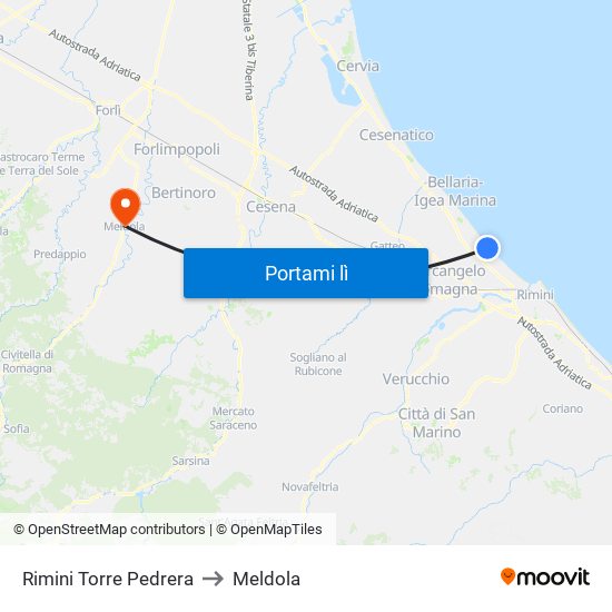 Rimini Torre Pedrera to Meldola map
