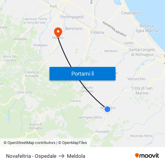 Novafeltria - Ospedale to Meldola map