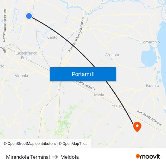 Mirandola Terminal to Meldola map