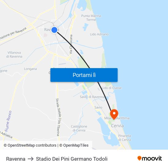 Ravenna to Stadio Dei Pini Germano Todoli map