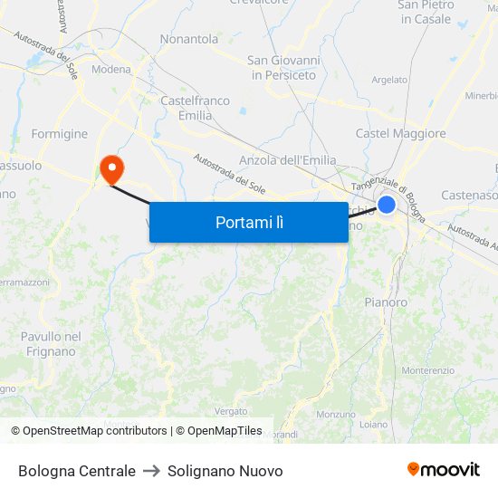 Bologna Centrale to Solignano Nuovo map