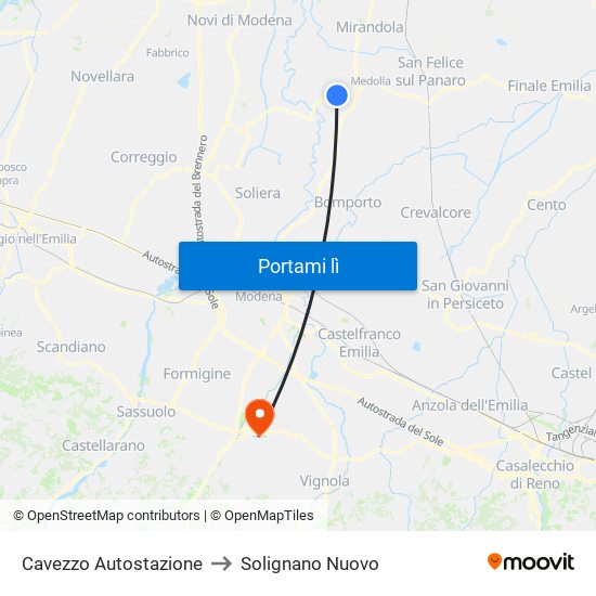 Cavezzo Autostazione to Solignano Nuovo map