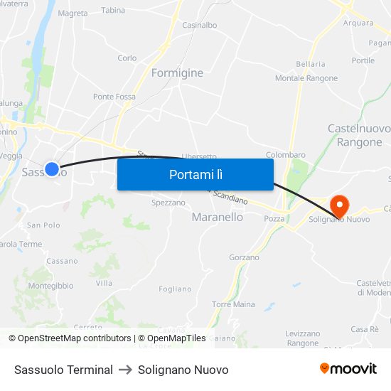 Sassuolo Terminal to Solignano Nuovo map