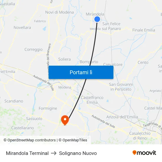 Mirandola Terminal to Solignano Nuovo map