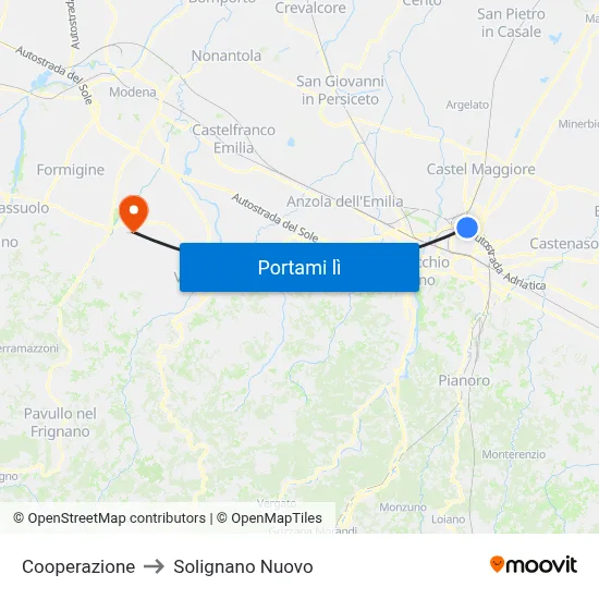 Cooperazione to Solignano Nuovo map