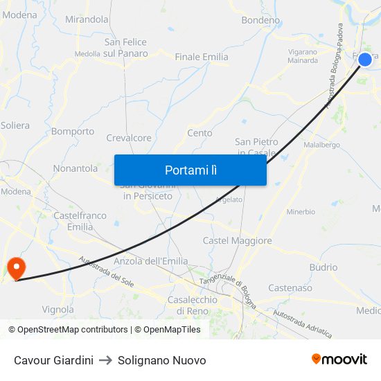 Cavour Giardini to Solignano Nuovo map