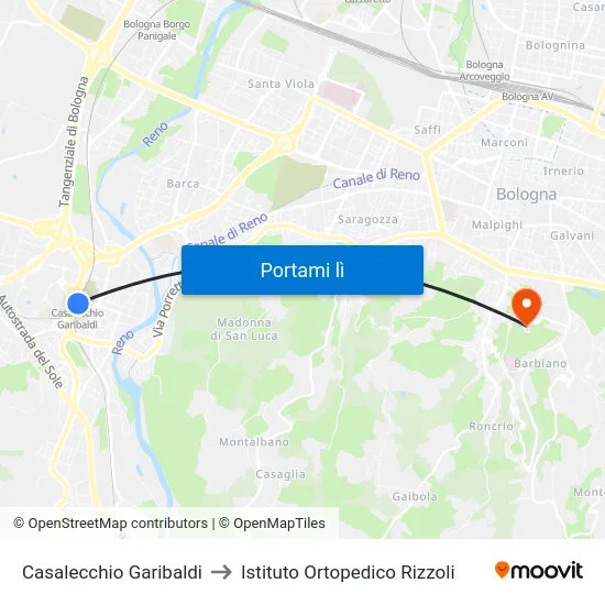 Casalecchio Garibaldi to Istituto Ortopedico Rizzoli map