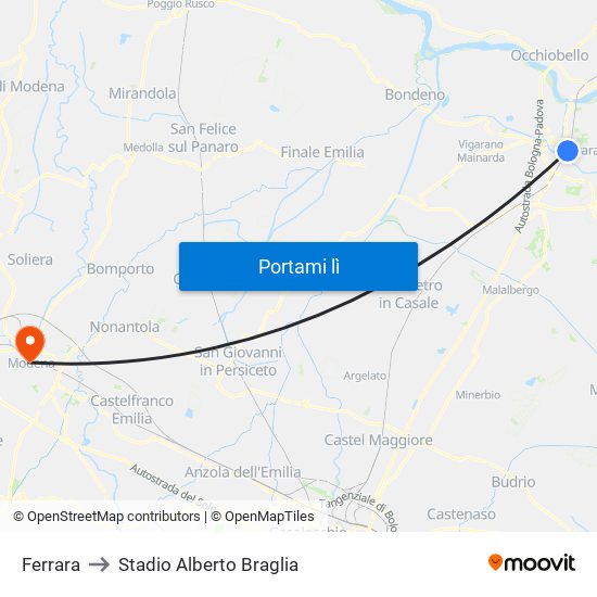 Ferrara to Stadio Alberto Braglia map