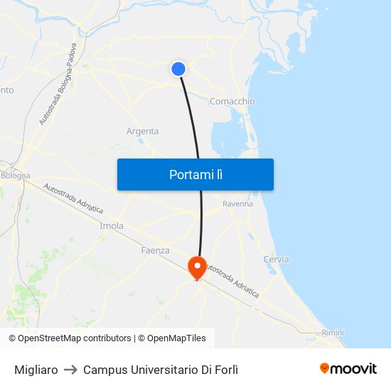 Migliaro to Campus Universitario Di Forlì map