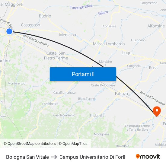Bologna San Vitale to Campus Universitario Di Forlì map