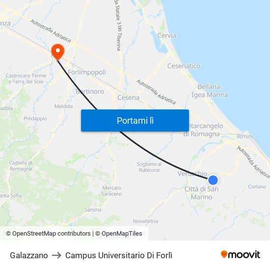 Galazzano to Campus Universitario Di Forlì map