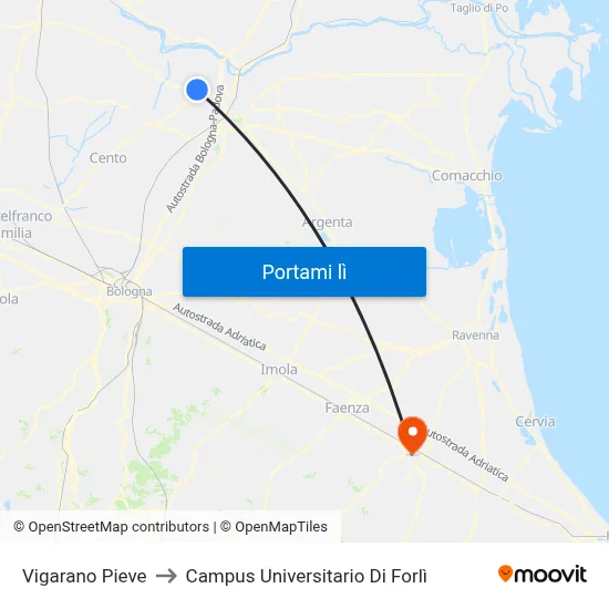 Vigarano Pieve to Campus Universitario Di Forlì map