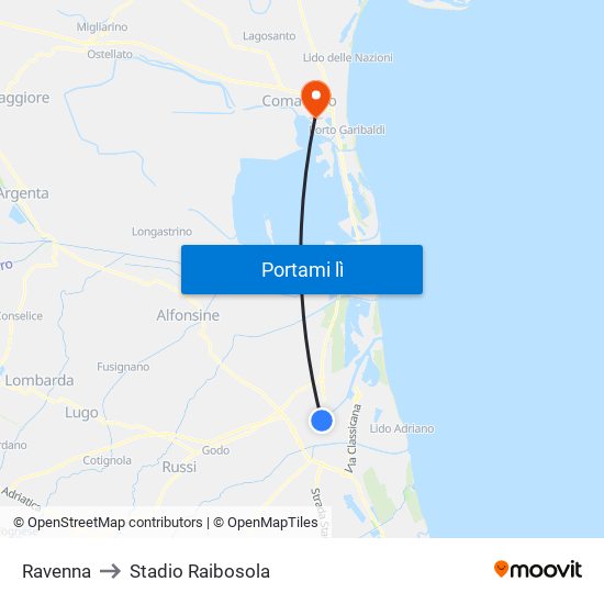 Ravenna to Stadio Raibosola map