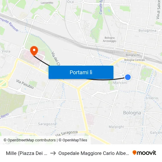 Mille (Piazza Dei Martiri) to Ospedale Maggiore Carlo Alberto Pizzardi map