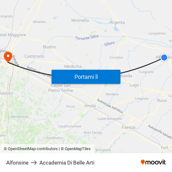 Alfonsine to Accademia Di Belle Arti map
