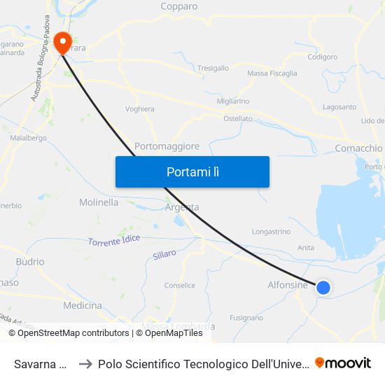 Savarna Piazza to Polo Scientifico Tecnologico Dell'Università Di Ferrara map