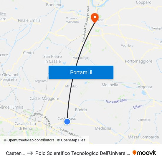 Castenaso to Polo Scientifico Tecnologico Dell'Università Di Ferrara map