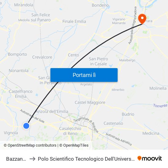 Bazzano Fp to Polo Scientifico Tecnologico Dell'Università Di Ferrara map