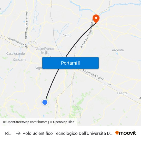 Riola to Polo Scientifico Tecnologico Dell'Università Di Ferrara map