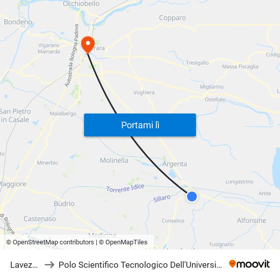 Lavezzola to Polo Scientifico Tecnologico Dell'Università Di Ferrara map