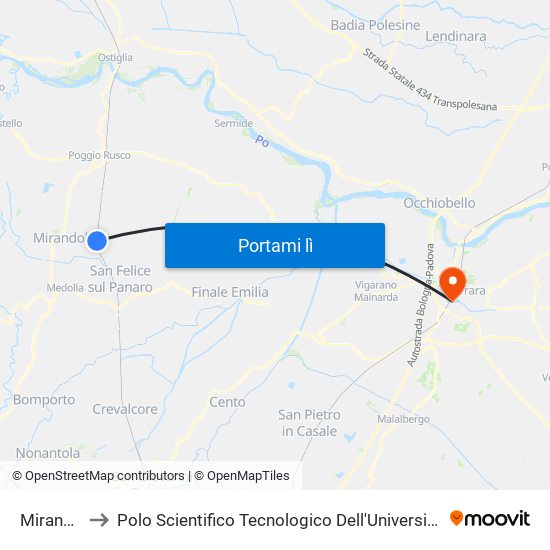 Mirandola to Polo Scientifico Tecnologico Dell'Università Di Ferrara map