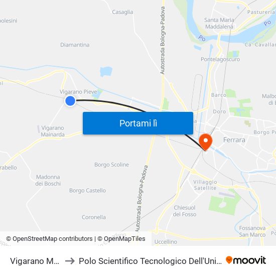 Vigarano Mainarda to Polo Scientifico Tecnologico Dell'Università Di Ferrara map