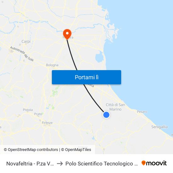 Novafeltria - P.za Vittorio Emanuele to Polo Scientifico Tecnologico Dell'Università Di Ferrara map