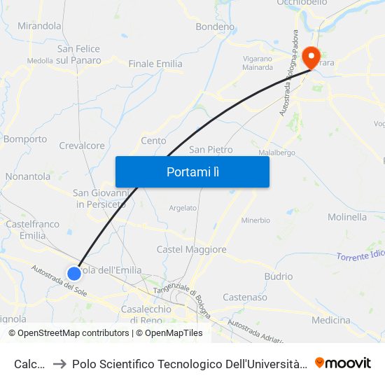 Calcara to Polo Scientifico Tecnologico Dell'Università Di Ferrara map