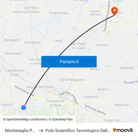 Monteveglio Ponte Rosso to Polo Scientifico Tecnologico Dell'Università Di Ferrara map