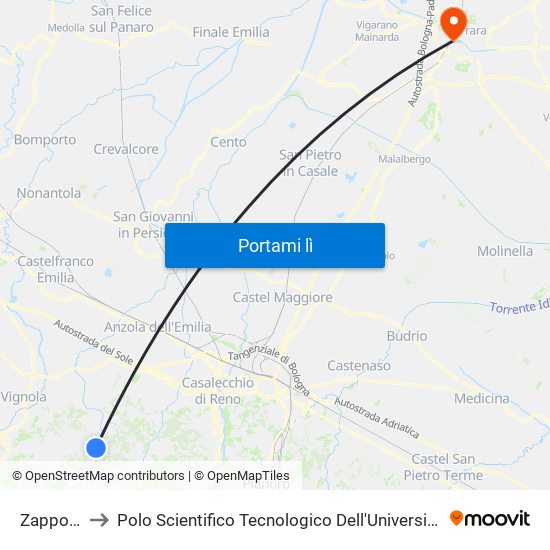 Zappolino to Polo Scientifico Tecnologico Dell'Università Di Ferrara map