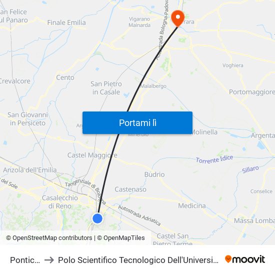 Ponticella to Polo Scientifico Tecnologico Dell'Università Di Ferrara map