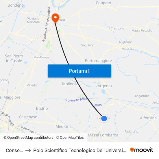 Conselice to Polo Scientifico Tecnologico Dell'Università Di Ferrara map