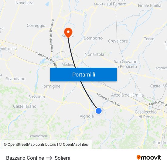 Bazzano Confine to Soliera map