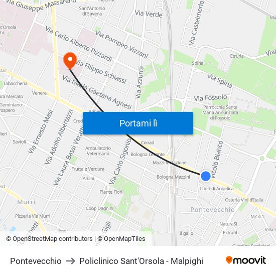 Pontevecchio to Policlinico Sant'Orsola - Malpighi map
