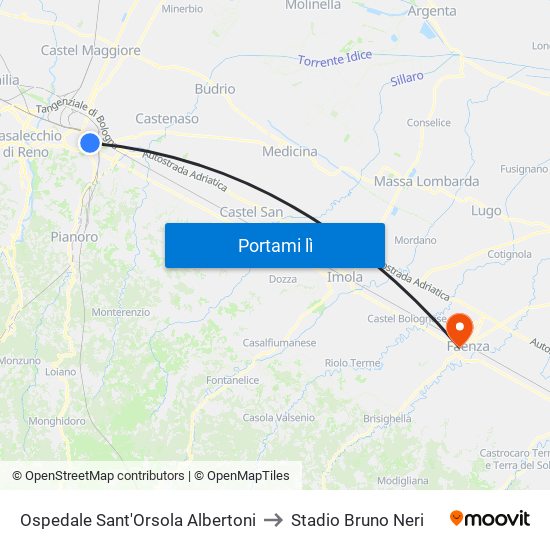 Ospedale Sant'Orsola Albertoni to Stadio Bruno Neri map
