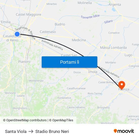 Santa Viola to Stadio Bruno Neri map