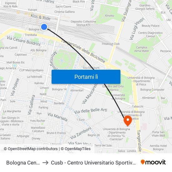 Bologna Centrale to Cusb - Centro Universitario Sportivo Bologna map